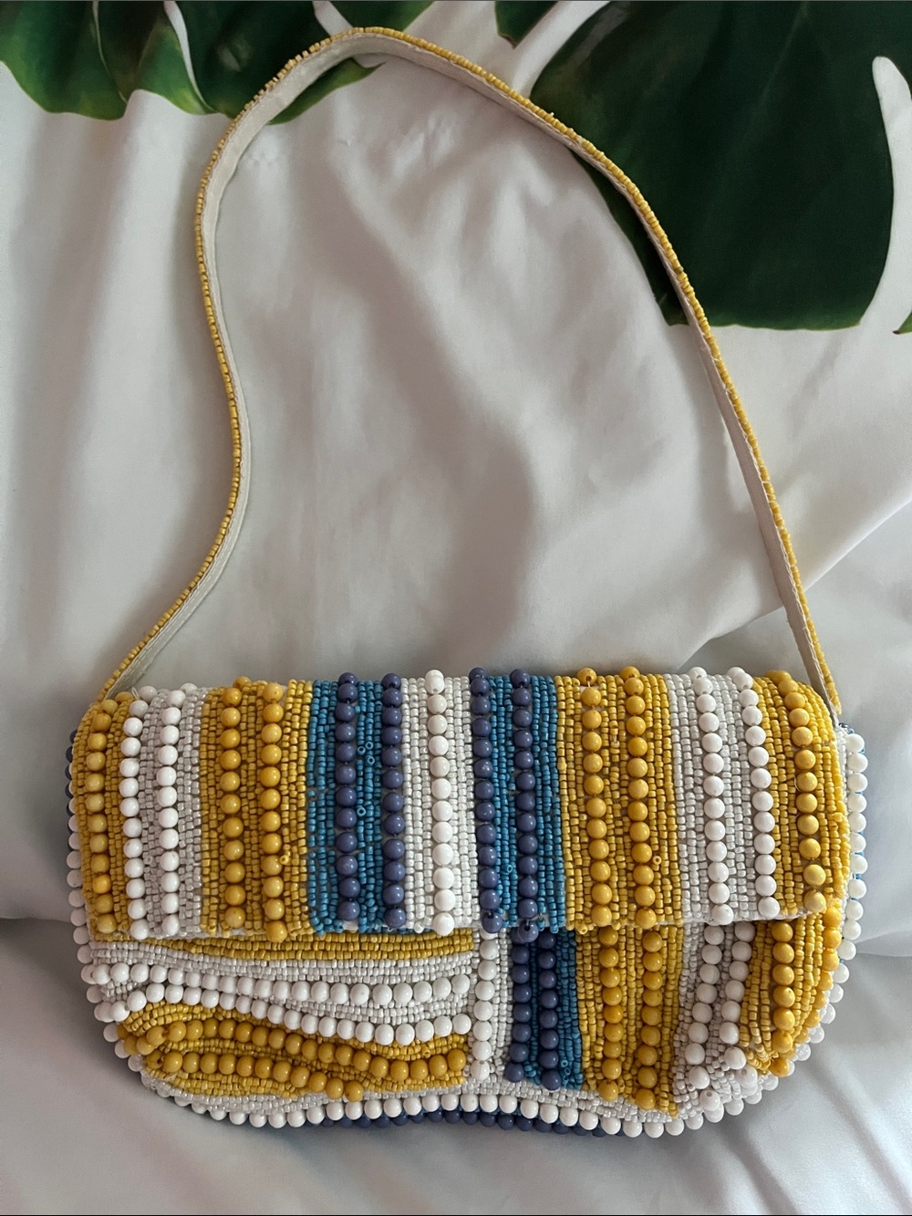 Beaded Shoulder Bag — Yellow, White & Blue